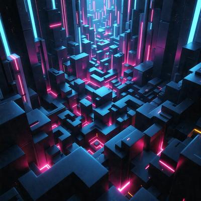 The primary subject of the image is a futuristic cityscape with a blue and pink color scheme. The setting is a three-dimensional environment, likely a digital art or illustration. The visual style is a combination of futuristic architecture and vibrant colors, creating a unique and captivating atmosphere.